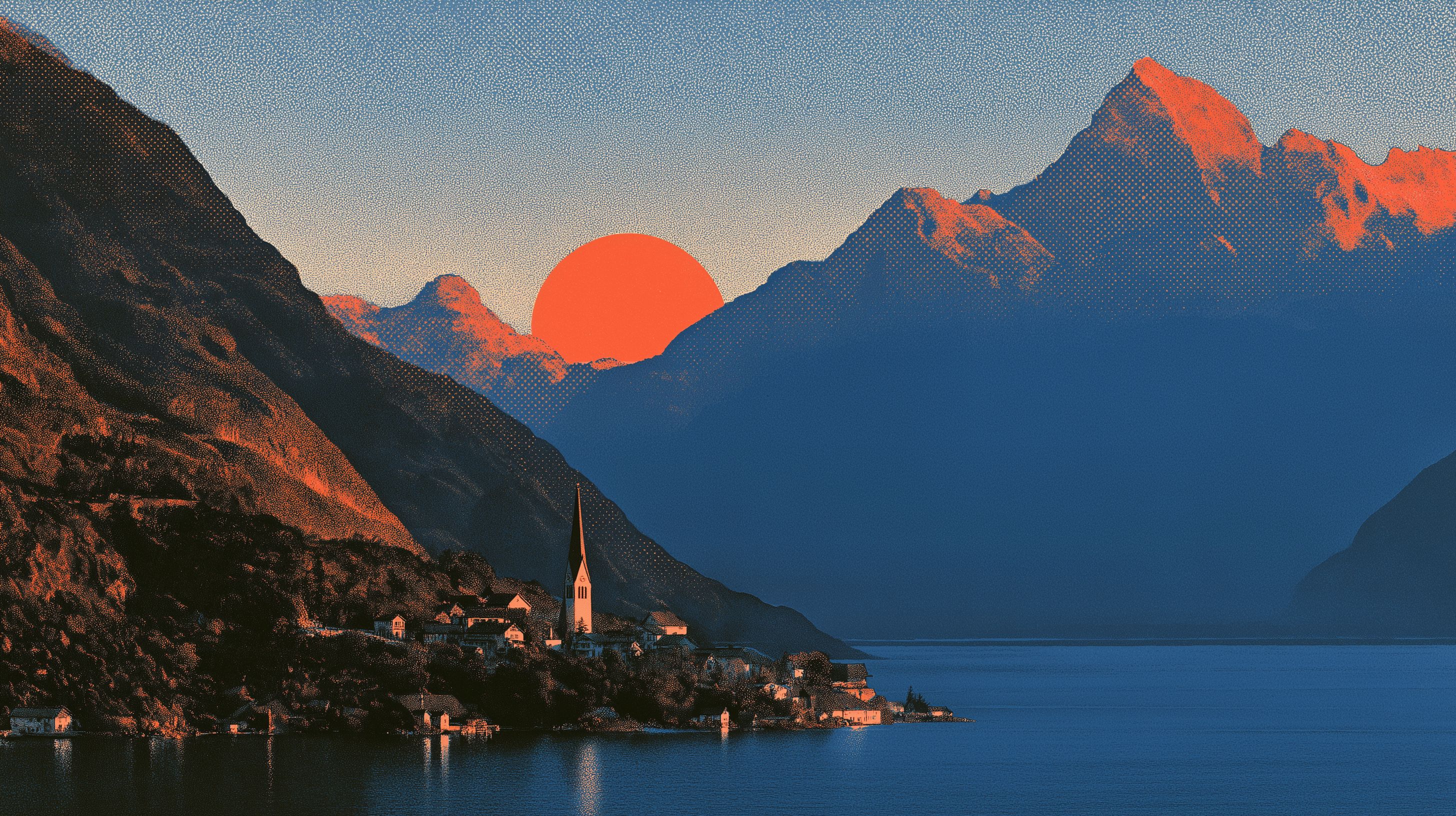 Halftone duotone photograph of an alpine lake at sunrise, rendered in cobalt and terracotta.